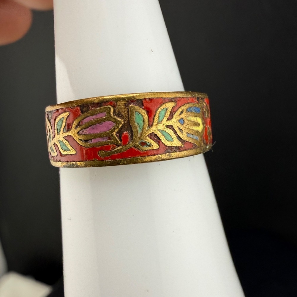 Vintage Cloisonne Enamel Flower Band Ring Red Gold Tone Size 4 - Picture 3 of 13
